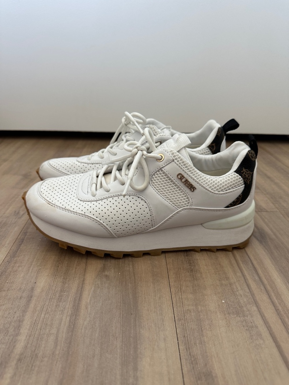 Guess White Leather Sneakers with Black Logo Heel